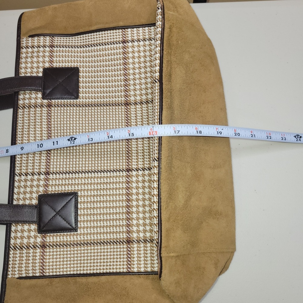 Lauren Ralph lauren Houndstooth Tote Bag Classic Preppy Purse Brown Tan Plaid - Picture 14 of 14
